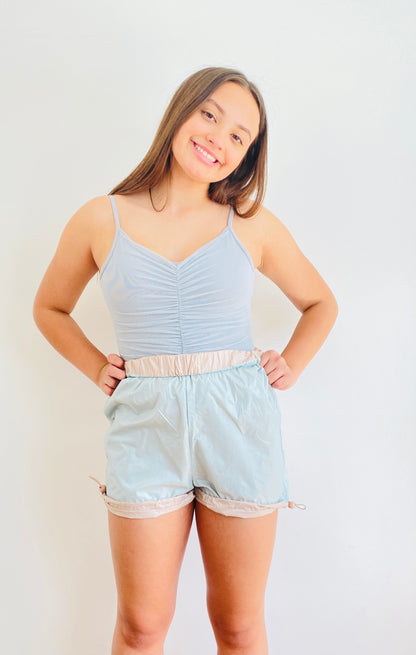 Reversible Trash Shorts  in blue and beige from The Collective Dancewear