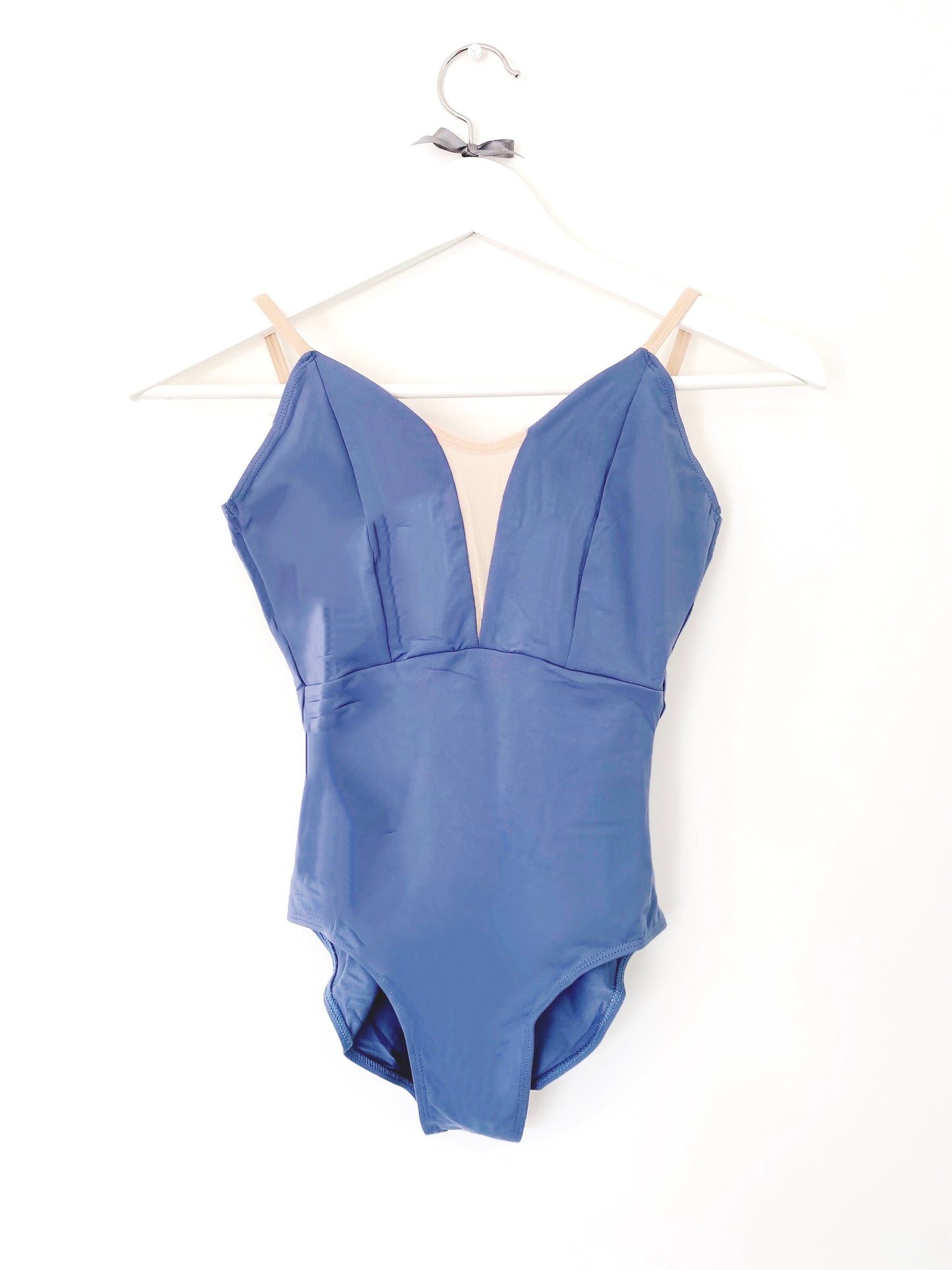 V-mesh camisole leotard in lavender blue with a deep back from the collective dancewear