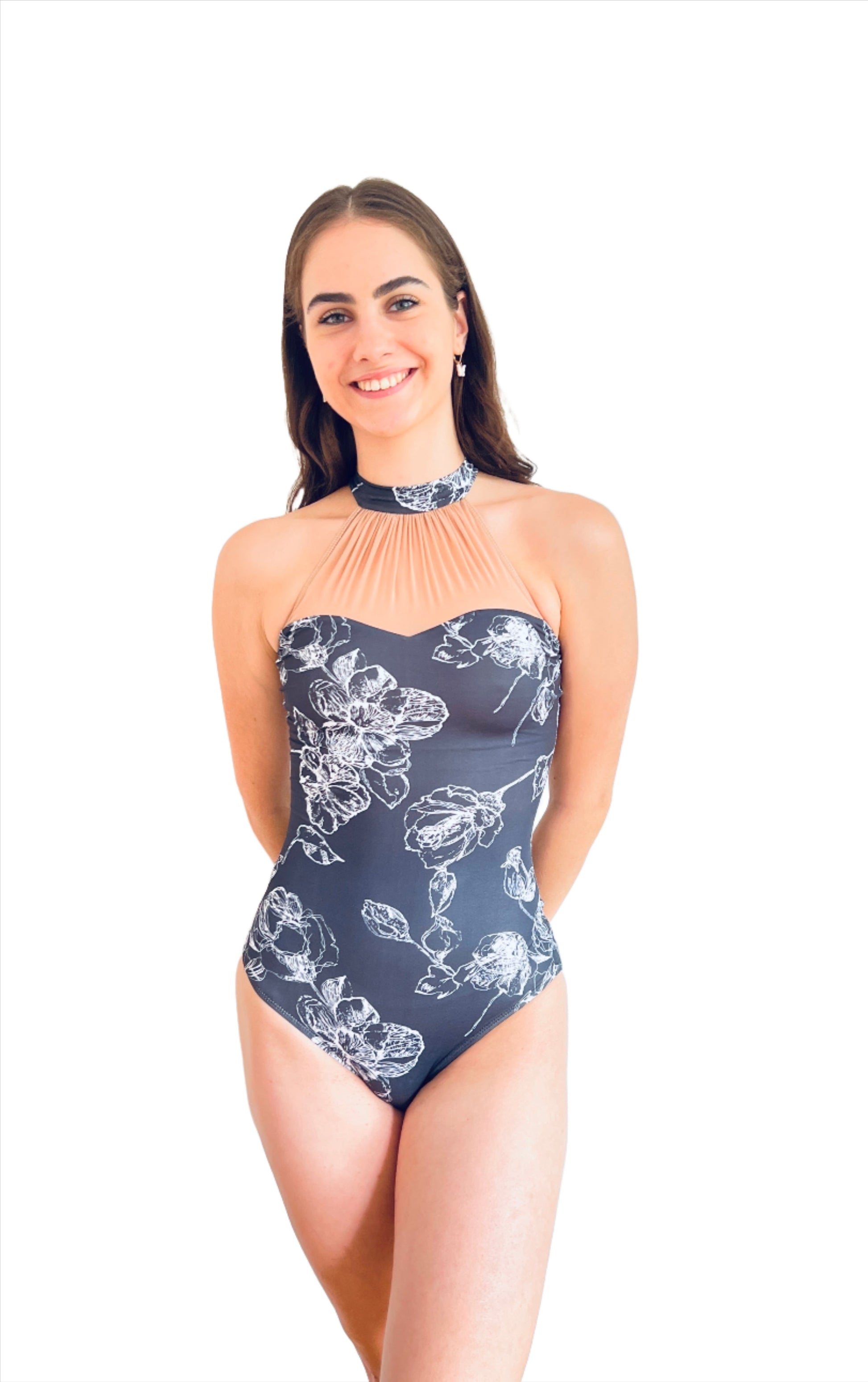 Black halter neck leotard with sweetheart neck line and floral print from The Collective Dancewear 
