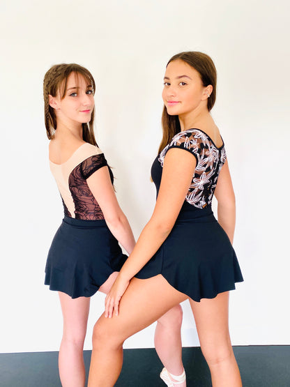 Ballet skirt in SAB style cut in Black on 2 models with different leotards in black from The Collective Dancewear