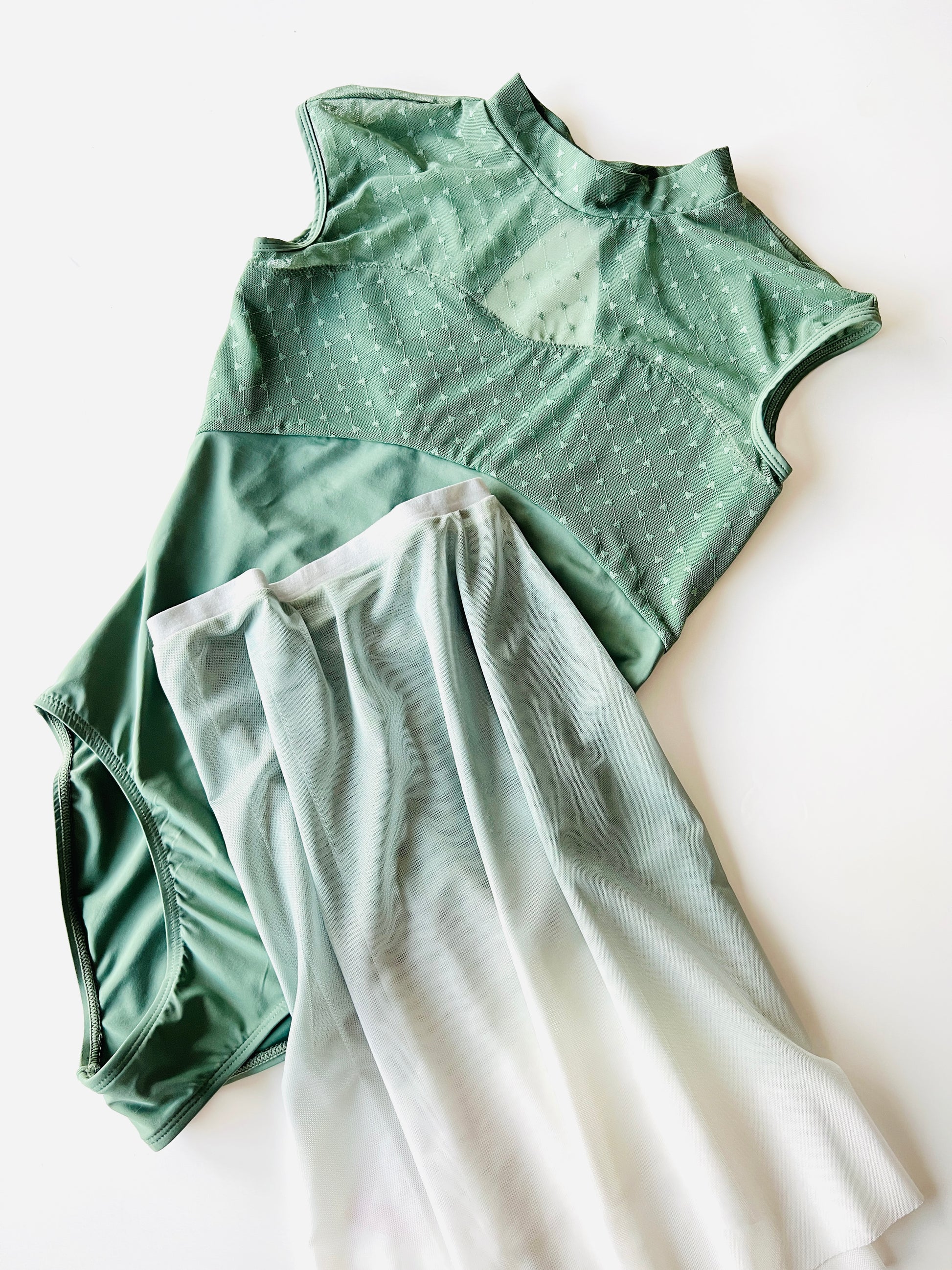 High neck patterned mesh leotard in moss green from The Collective Dancewear