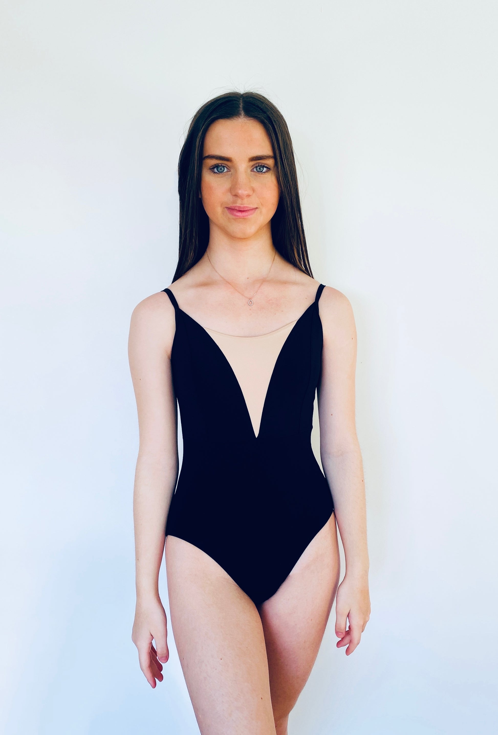 V Mesh Camisole Leotard Black With Black Straps from the Collective Dancewear 