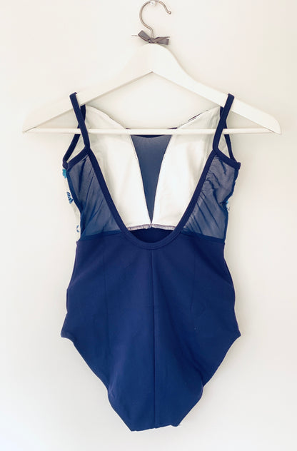 V mesh leotard with floral print in navy and white The Collective Dancewear