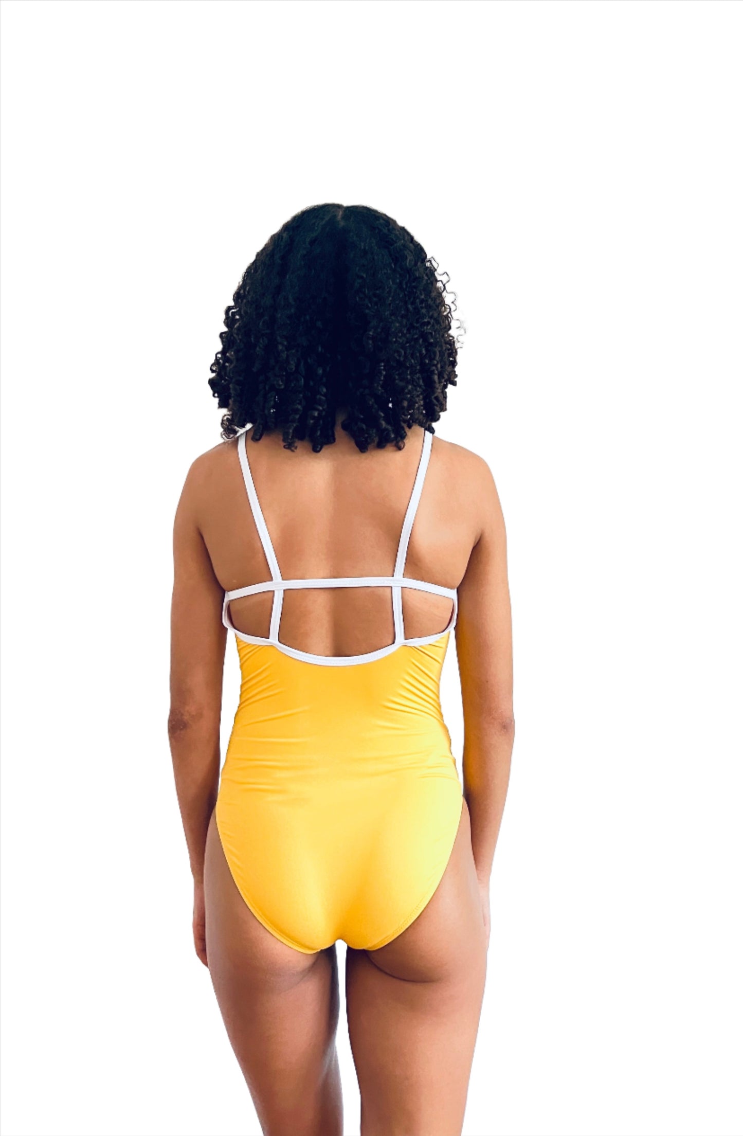 Yellow camisole leotard with white cross back from The Collective Dancewear