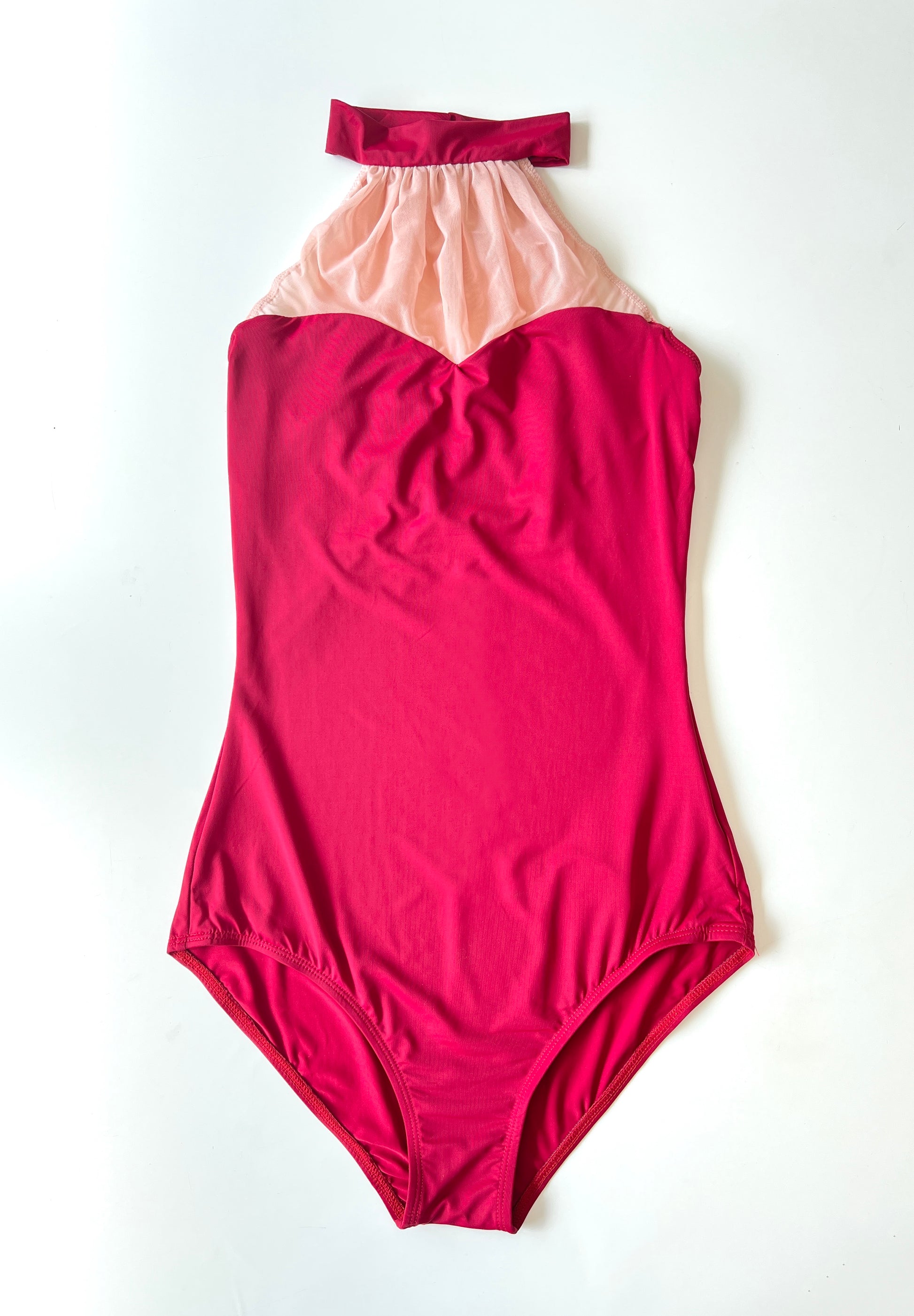 Halterneck leotard with Sweetheart neckline and ruched mesh in red and pink from The Collective Dancewear 
