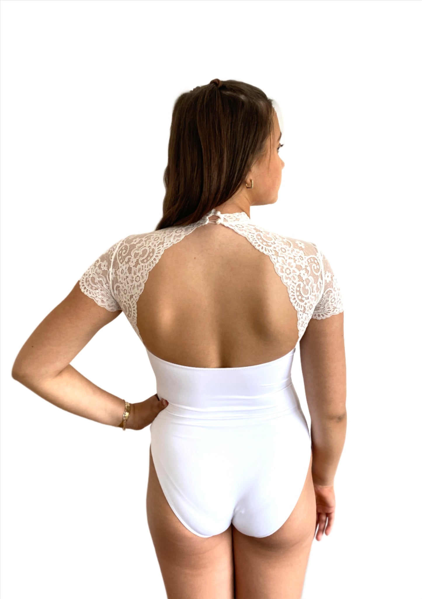 Ballet leotard with lace top, lace sleeves and key hole back in white from The Collective Dancewear