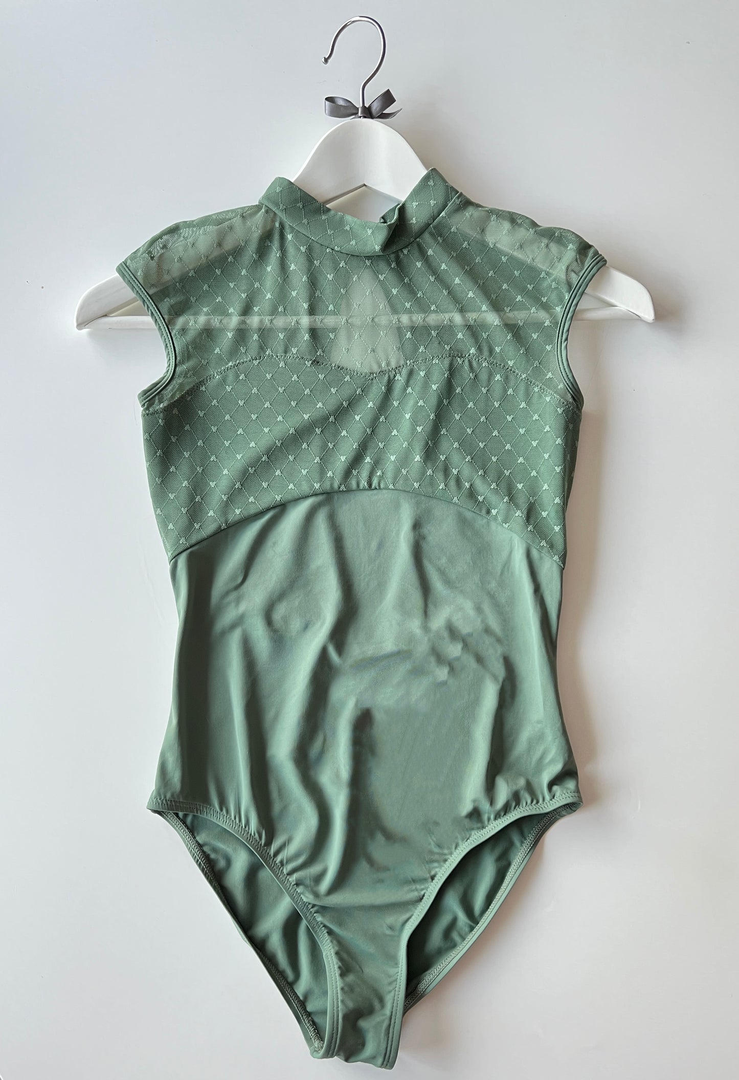 High neck patterned  mesh leotard in moss green from The Collective Dancewear