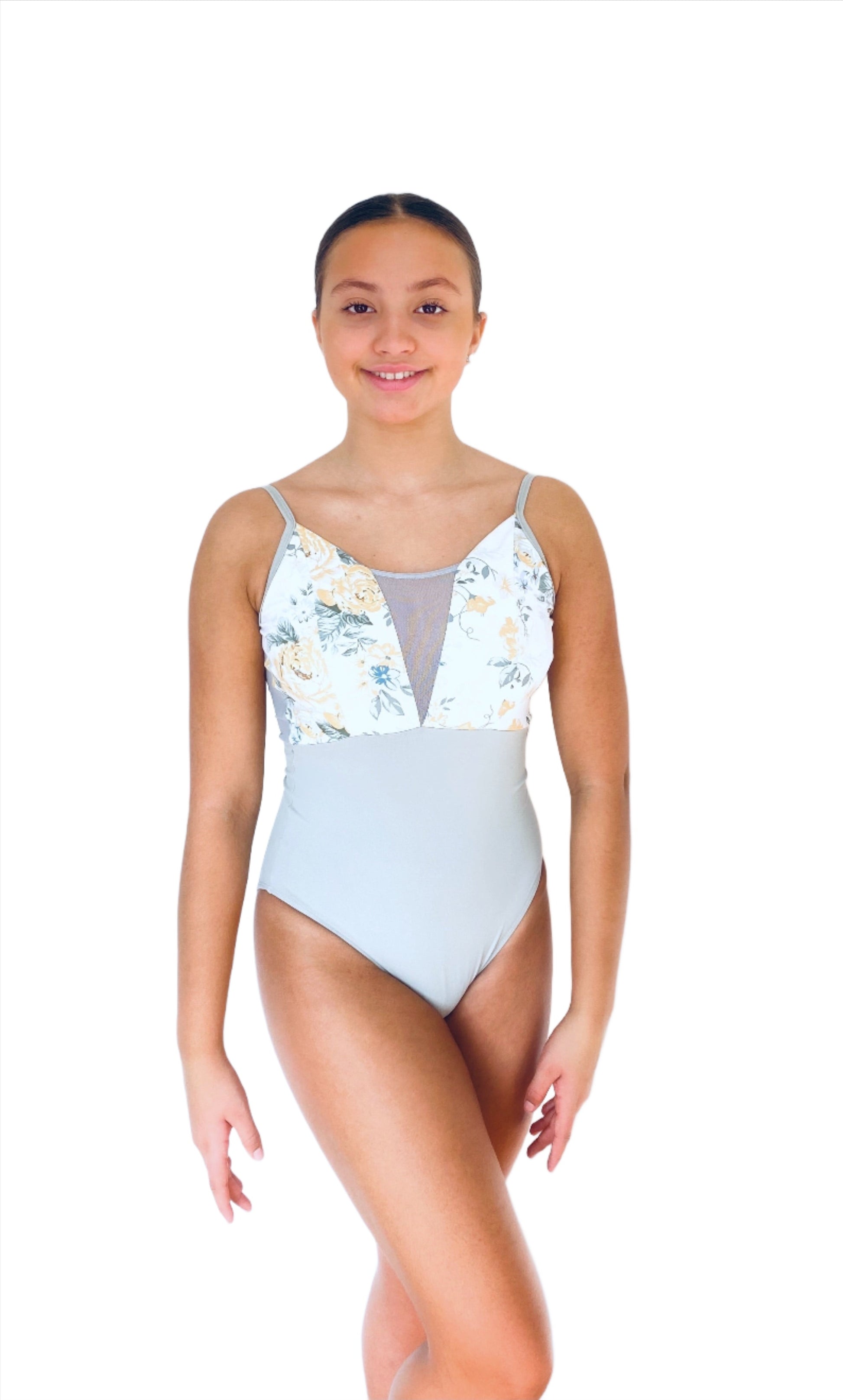 V-mesh camisole leotard in sage green with yellow floral print from The Collective Dancewear