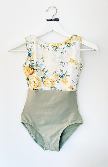 leotard in floral print sage and yellow . Sleeveless tank leotard from The Collective Dancewear PETITE